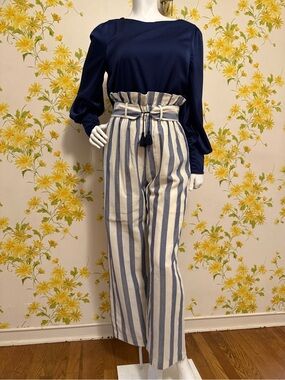 Striped Paperbag Waist Wide Leg Pants - Blue & cream size S